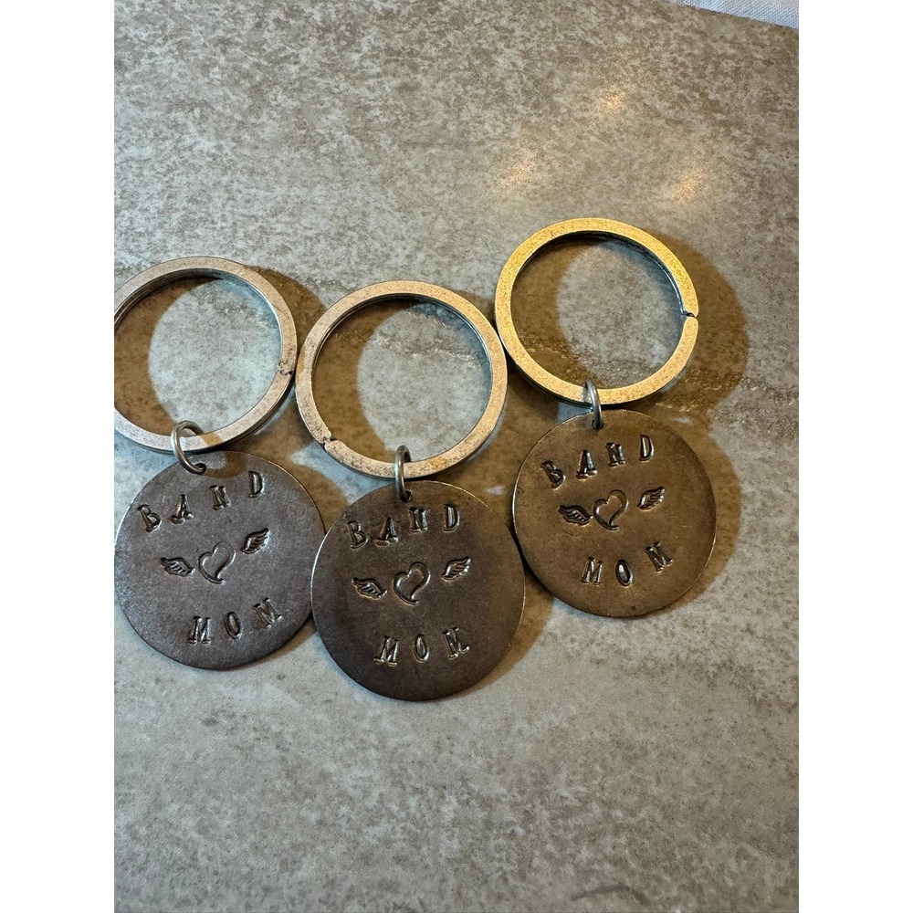 Band Mom Hand Stamped Metal Keychain Set of 3 Heart with Wings Pewter Tone